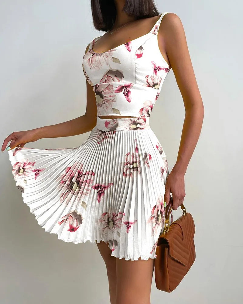 Set Woman 2 Pieces Summer New Printed Slim High Waist Dress Set Camisole and Pleated SkirtSet of Holiday Party Club Women Dress