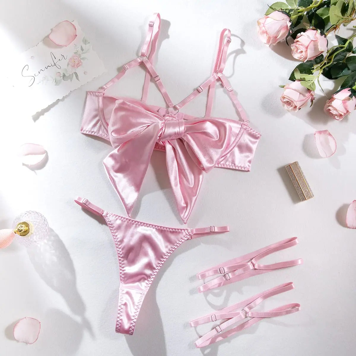 3 Piece Satin Bow Tie Bra and Panty Set with Thigh Straps