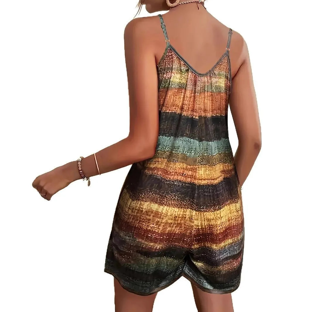 Retro Color-Contrast Literary Print Jumpsuit