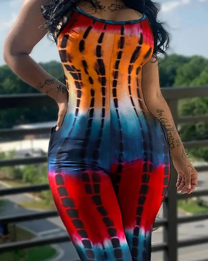 Sleeveless Tie Dye Print U Neck Skinny Jumpsuit