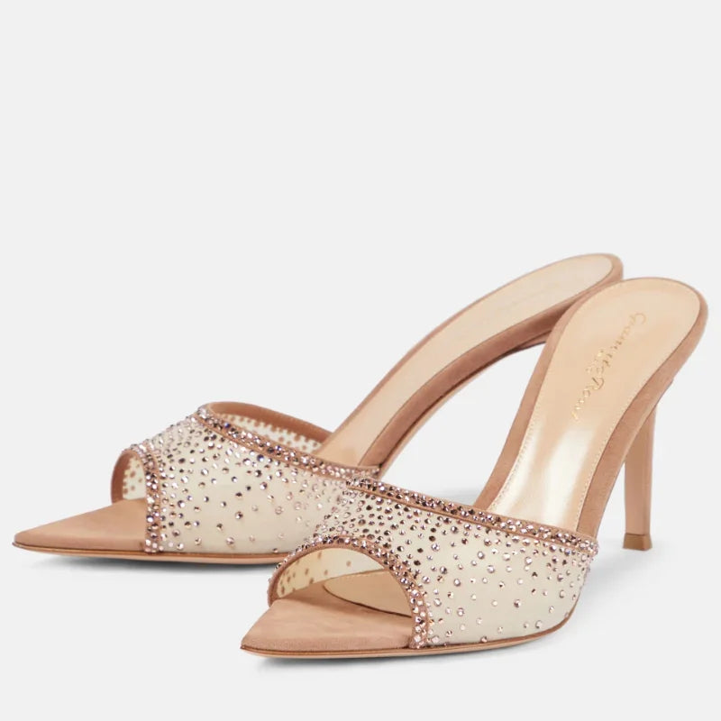 High-heeled Pointed Toe Rhinestone Slippers