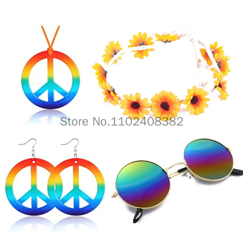 Women 70s 80s Hippie Cosplay Accessories Halloween Party Props Daisy Headband Sunglasses Peace Necklace Hippie Custome wearing