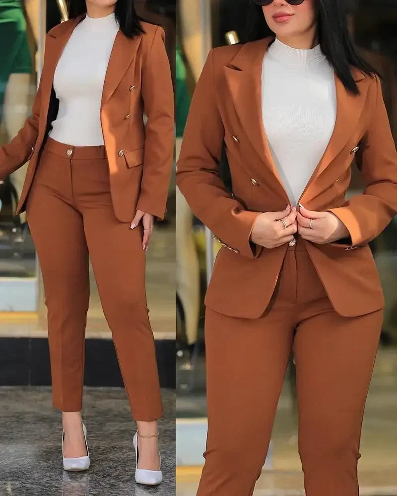 Notched Neck Long Sleeve Blazer & Elegant High Waist Work Pants Set