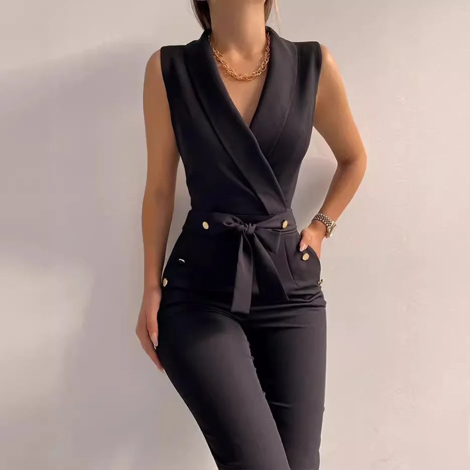 Sleeveless V-neck High Waist Belt Jumpsuits