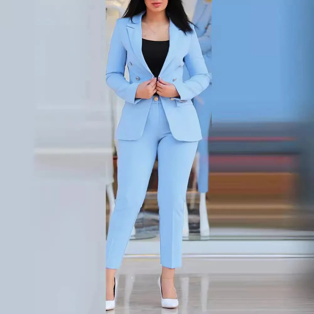 Notched Neck Long Sleeve Blazer & Elegant High Waist Work Pants Set