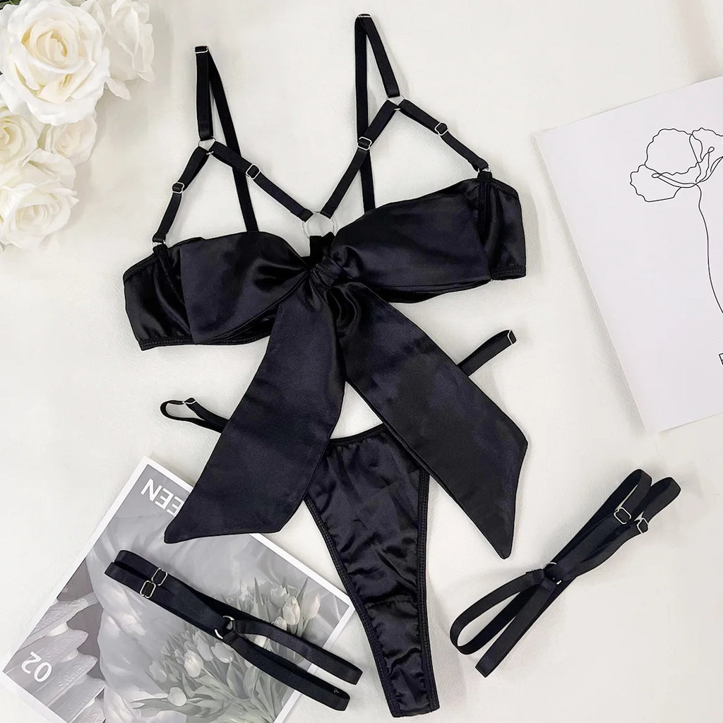 3 Piece Satin Bow Tie Bra and Panty Set with Thigh Straps