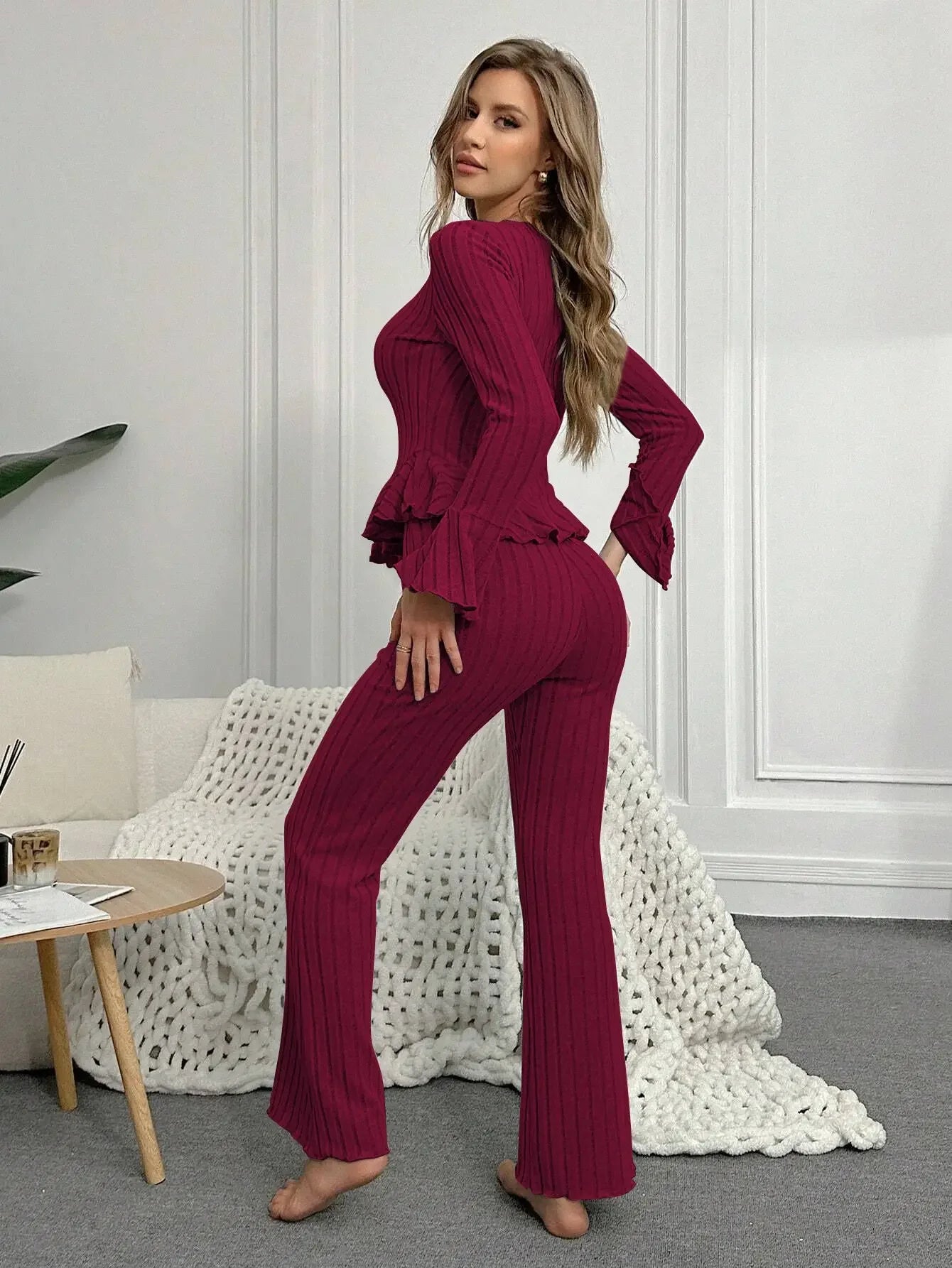 Sexy V Neck Long Sleeve Top and Trouser Loungewear Set