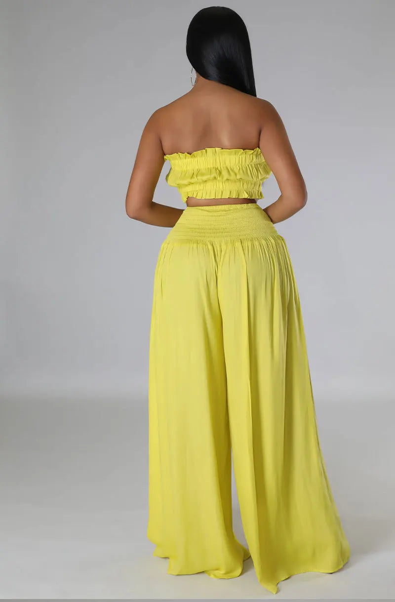 Women 2PC Raunched Midi Top & Loose Pants Set