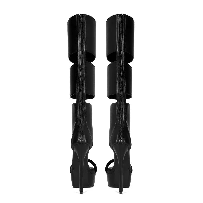 Belted Peep Toe Black Gladiator Stiletto Boots