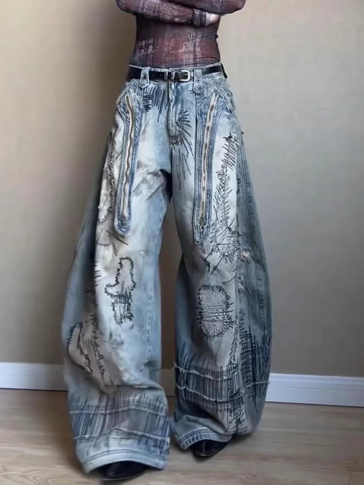 Street Distressed  Wide  Curved Leg Baggy Jeans