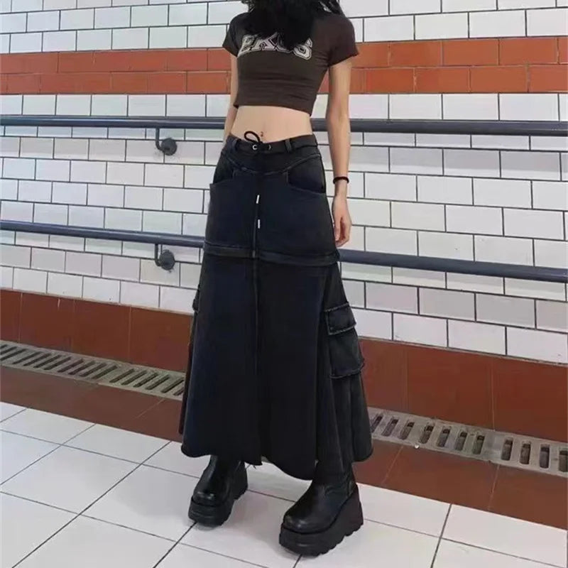 Two Way Detachable Hem Zipper Connection Black Denim Skirt