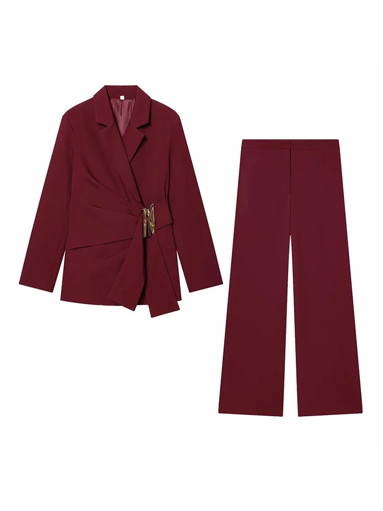 Two-Piece Set Buckle Decoration Suit Pants & Long Sleeve Blazer Coat