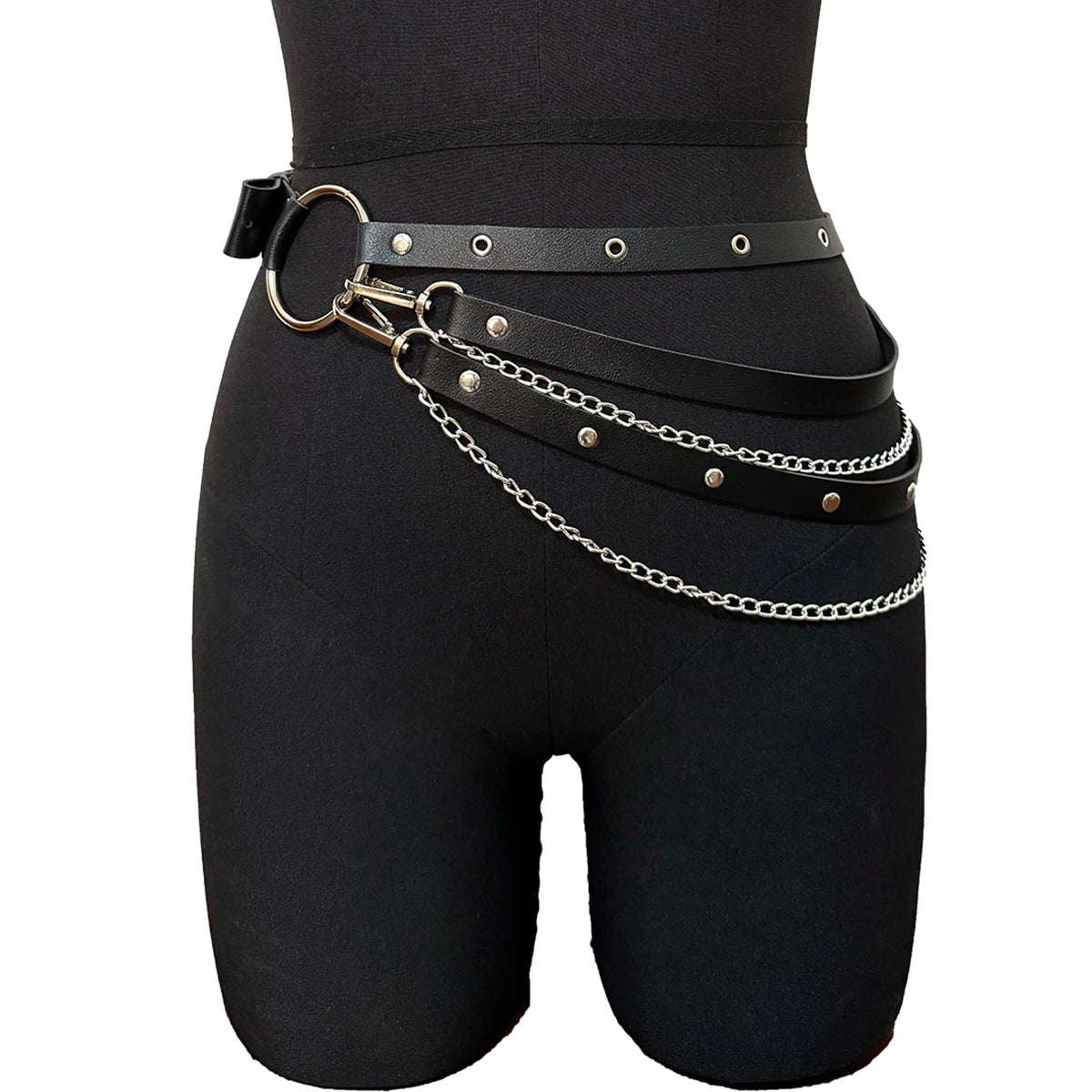 PU Leather Adjustable Street Style Belt With Chain Garter Waist