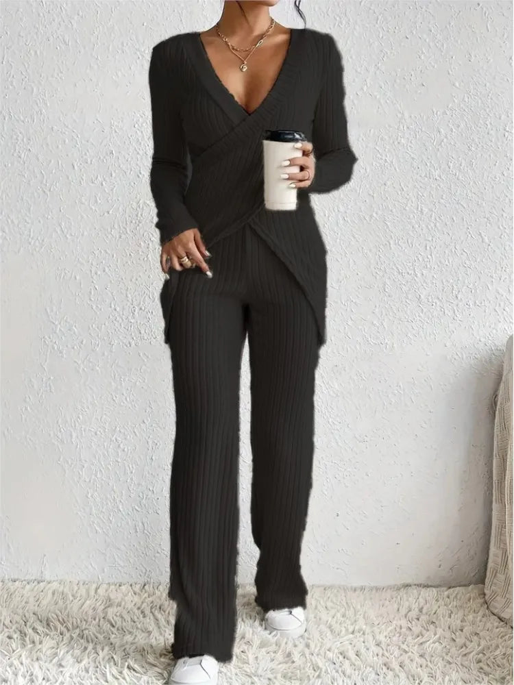 V Neck Slim Cross Tops+High Waist Pants Set