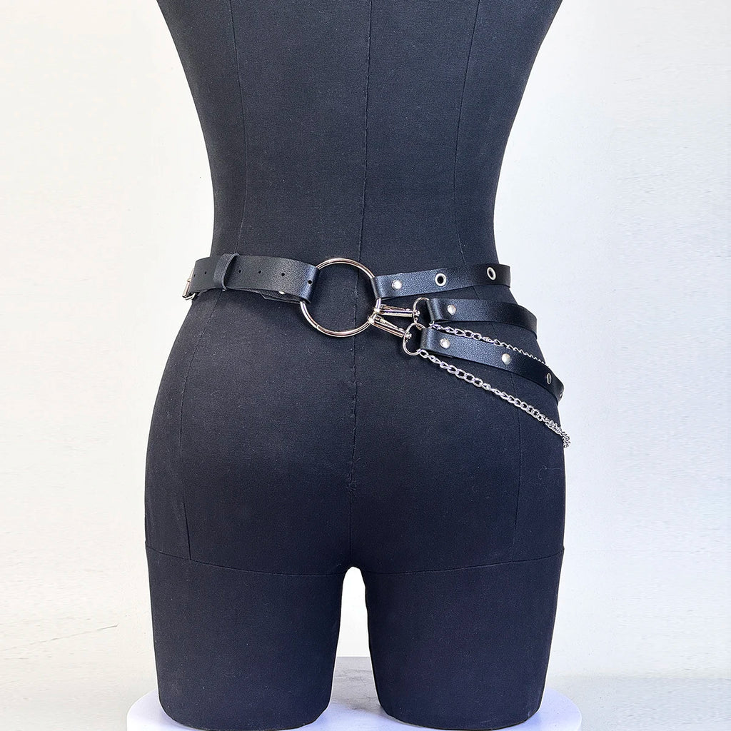 PU Leather Adjustable Street Style Belt With Chain Garter Waist