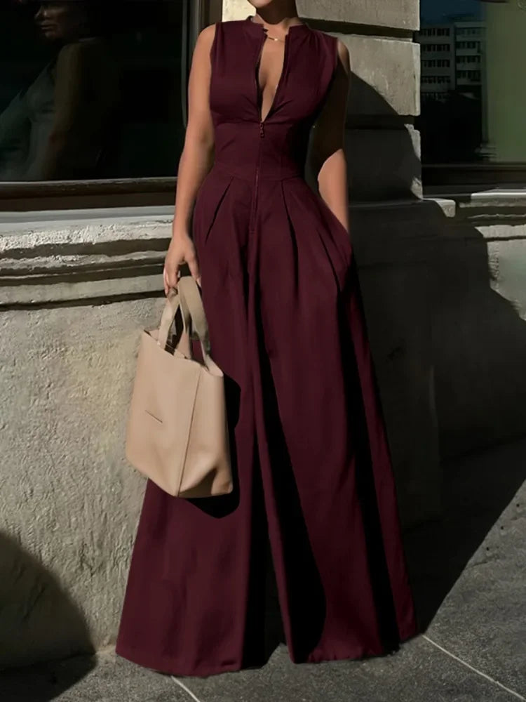 Sleeveless Loose Pocket High Waist Wide Leg Jumpsuit