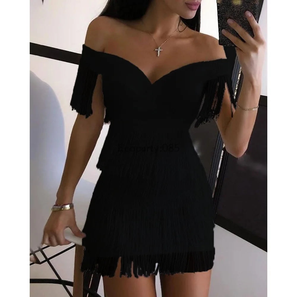Sexy Off-Shoulder V-Neck Fringed Evening Dress