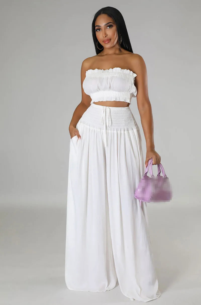 Women 2PC Raunched Midi Top & Loose Pants Set