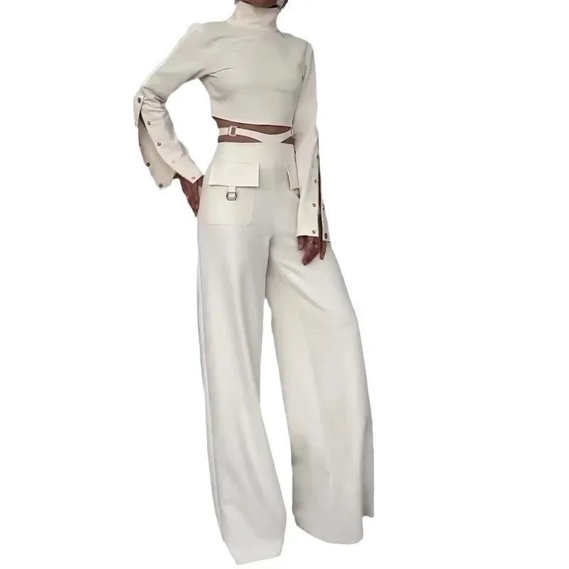 Full Sleeve Turtleneck Top Wide Leg Long Pants Set
