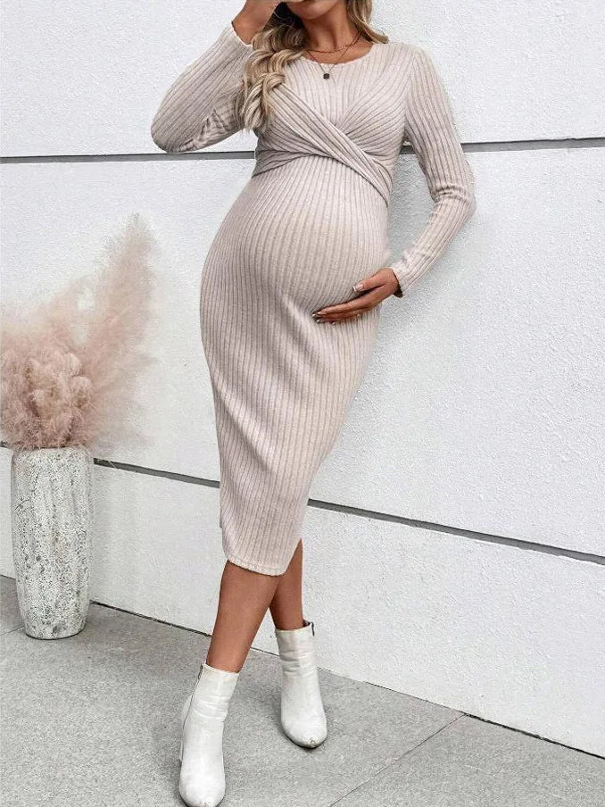 Maternity Dress Long-sleeved Dress for Pregnant Women Elegant Knotted Slimming Pregnancy Dresses Long Sleeve Maternity Clothes