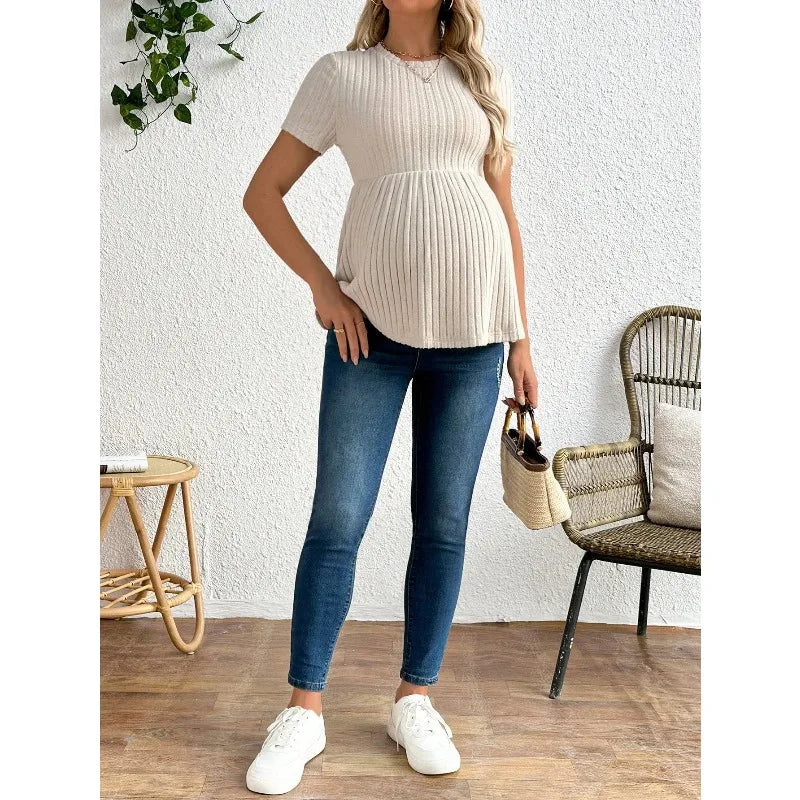 Maternity clothes Maternity Ribbed Short Sleeve Top Comfortable Pregnancy Clothes Solid Color Ruffles Knitwear Blouse T-Shirts