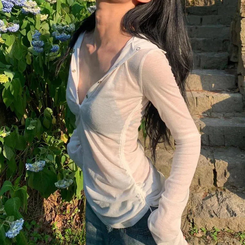 See-Through Hooded Long-Sleeve Top