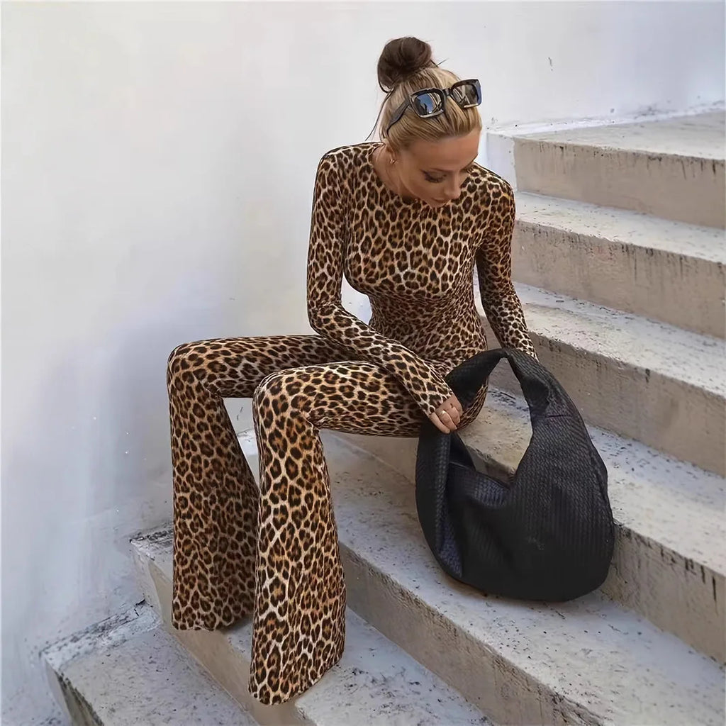 Sexy Leopard Print Slim Jumpsuits  Women Trendy Backless Tight Long Sleeve Jumpsuit Hot Girl Clothing Fashion Streetwear 2025
