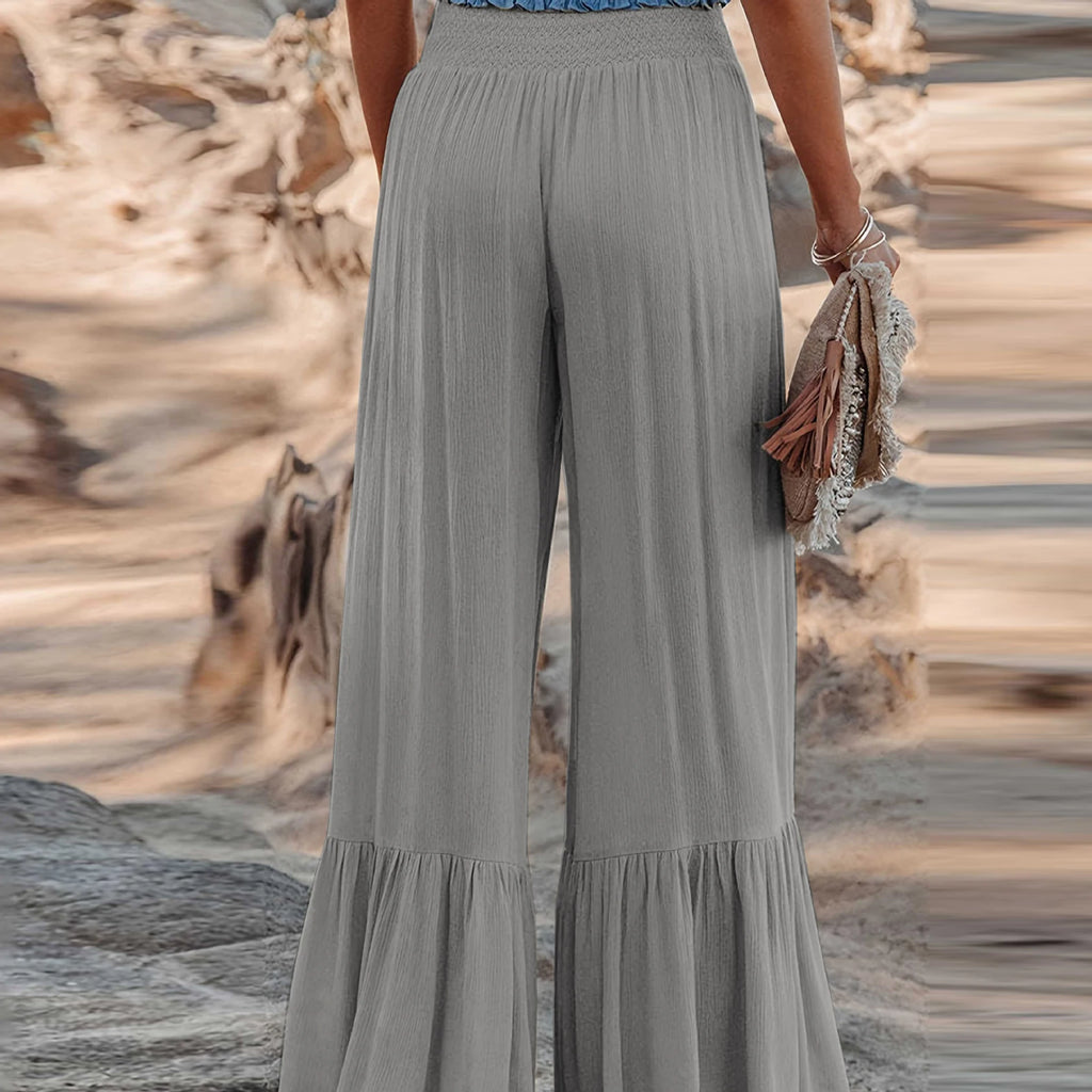 Plus Size Solid Color High Waist Cinched Wide-Leg Casual Pants Daily Wear Loose Fit Stylish Versatile Soft Fabric Long Trousers