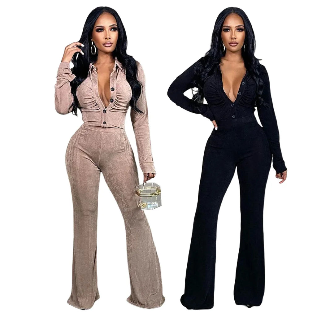 Button Turn Down Collar Top Elastic Waist Full Length Pants
