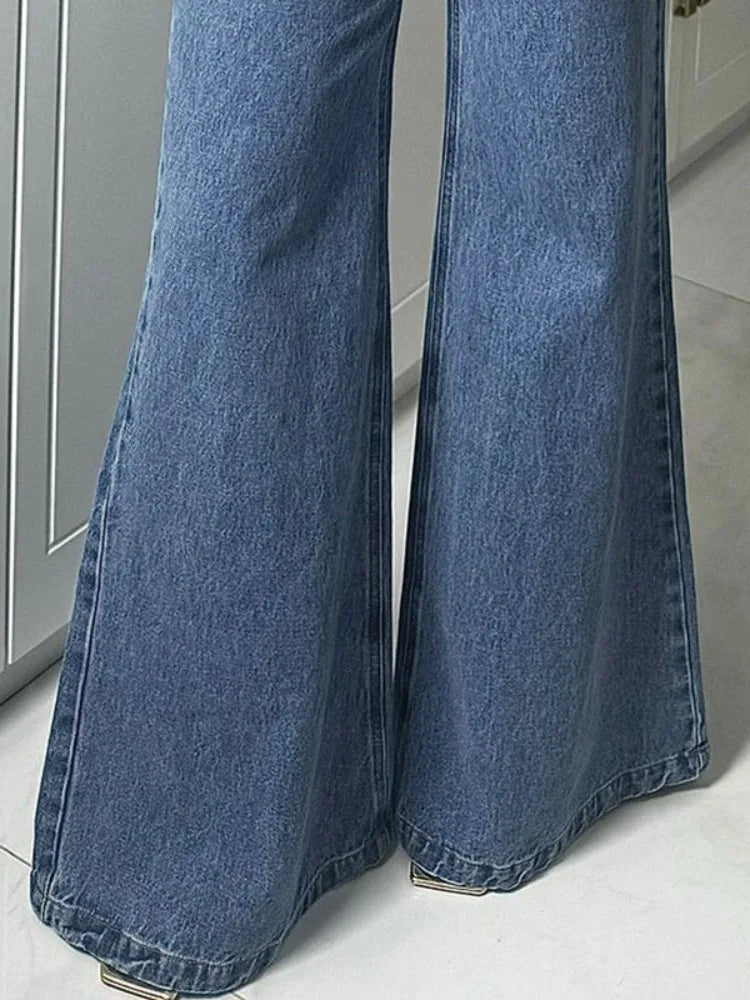 High Waisted Loose Buttoned Denim Wide Leg Flare Jeans