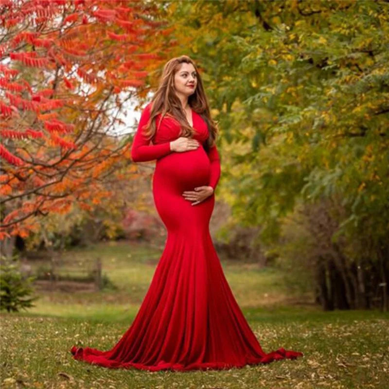 Elegant Long Sleeve V-Neck Photo Shoot Maternity Dress