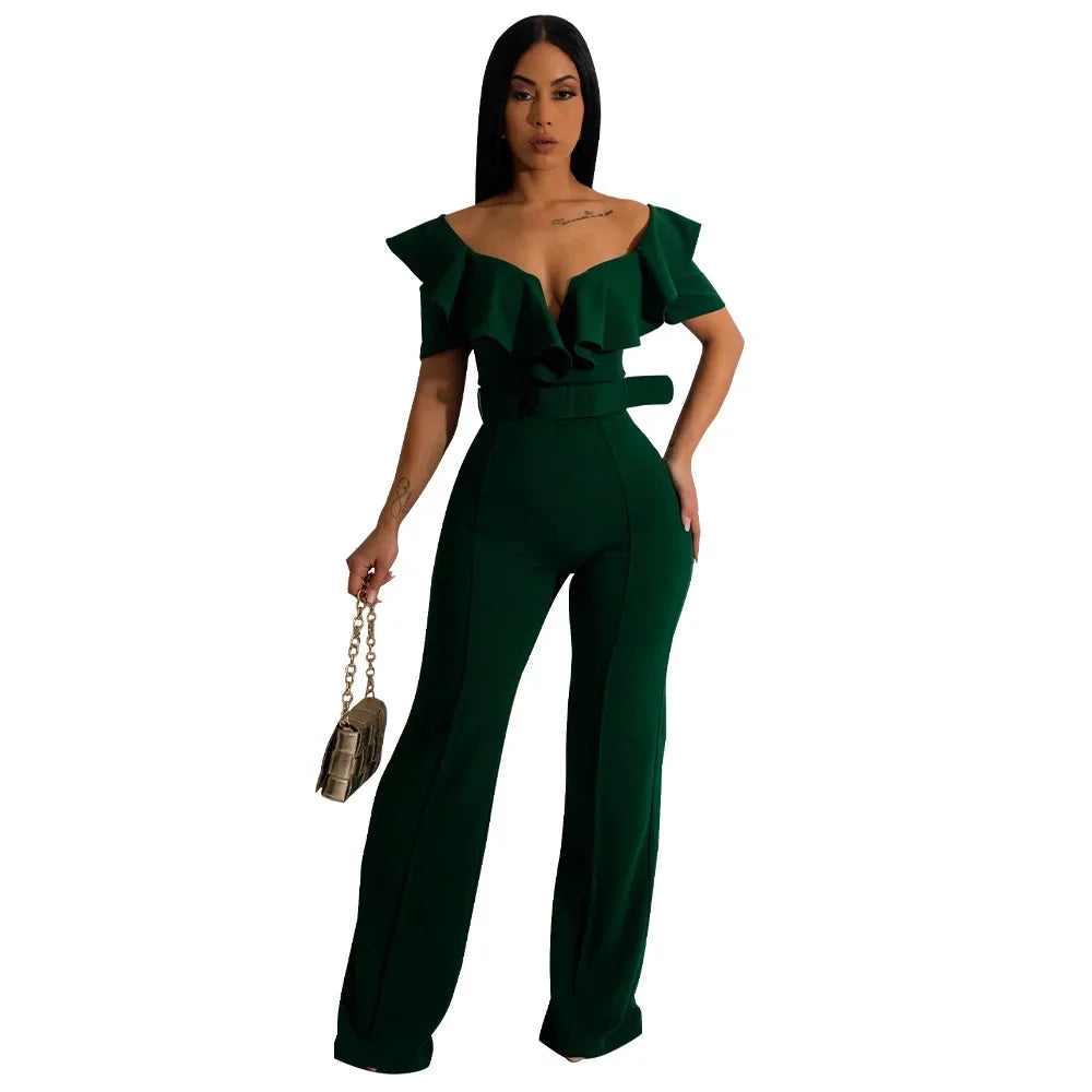 Ruffle Edge V-neck Fitted Waist One-piece