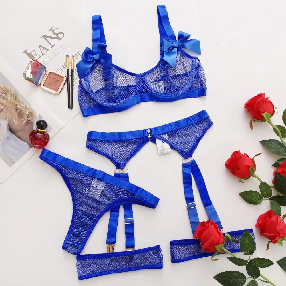 3-Piece Mesh Bra+Thongs+Garter Lingerie