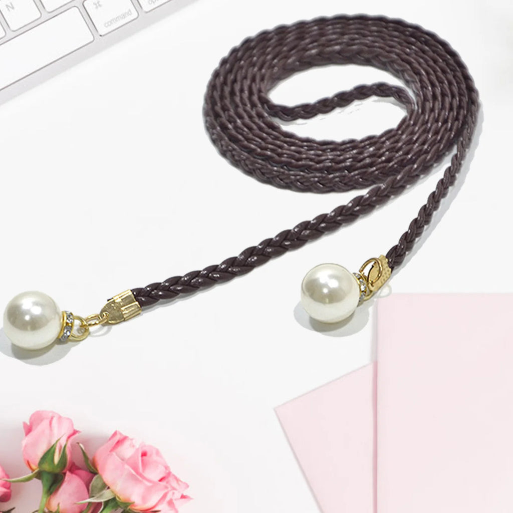 Adjustable Slim Waist Braided Belt with Pearl Buckle
