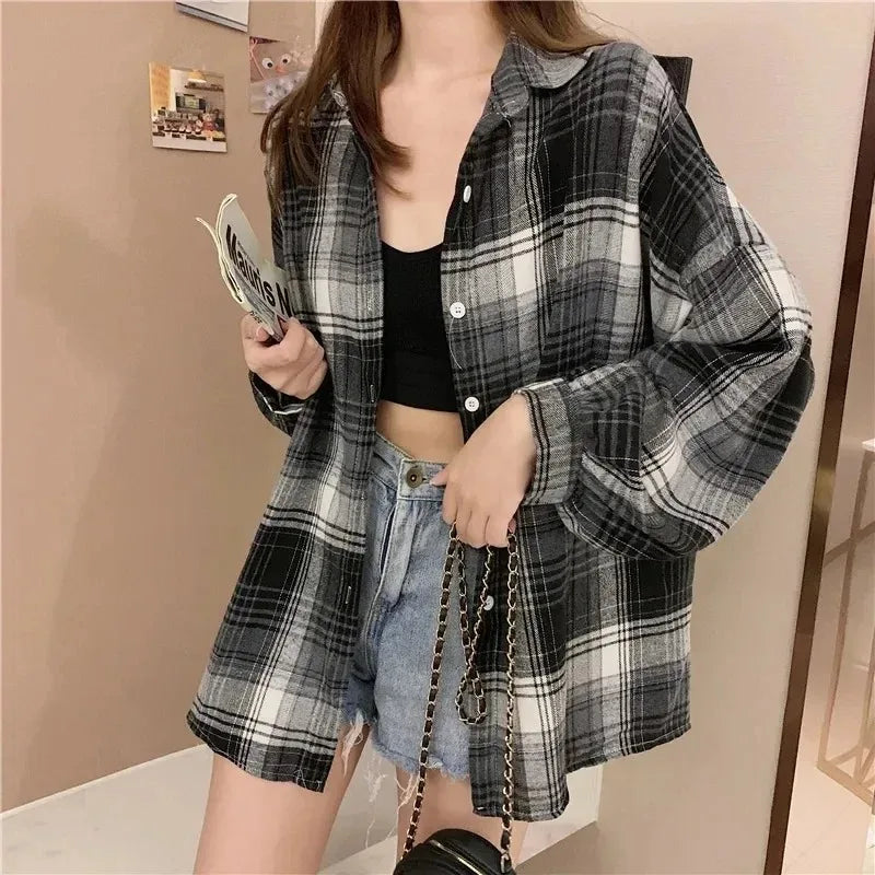 Plaid Vintage Single Breasted Blouse