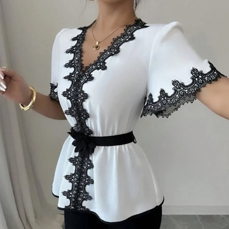 White V-Neck Blouse with Black Lace Trim Belted Peplum Hem