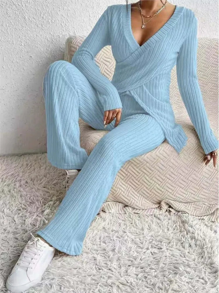 V Neck Slim Cross Tops+High Waist Pants Set