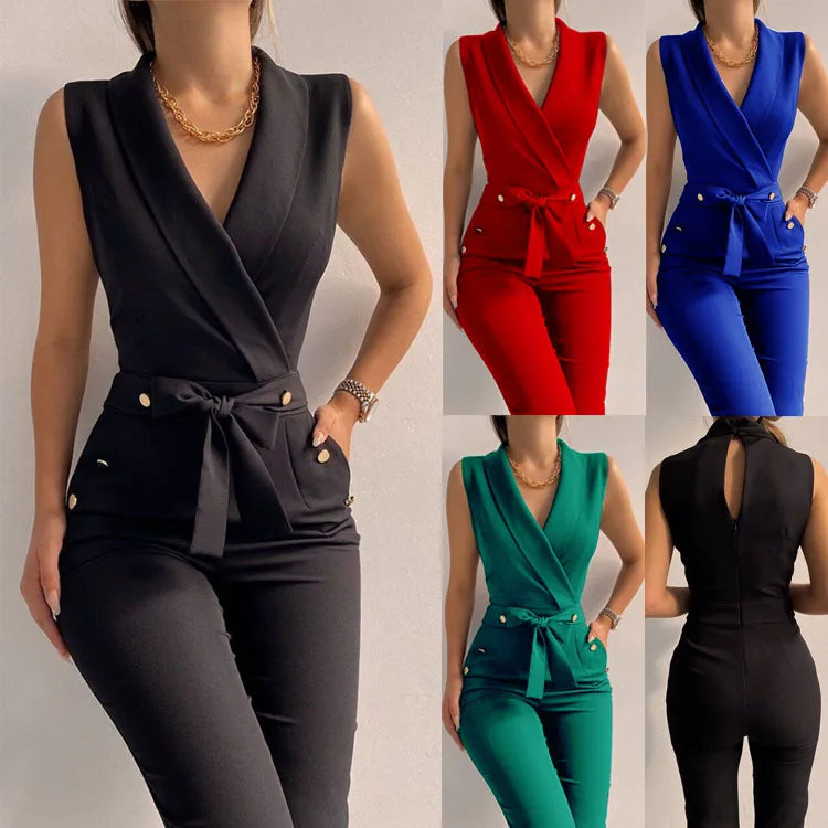 Sleeveless V-neck High Waist Belt Jumpsuits