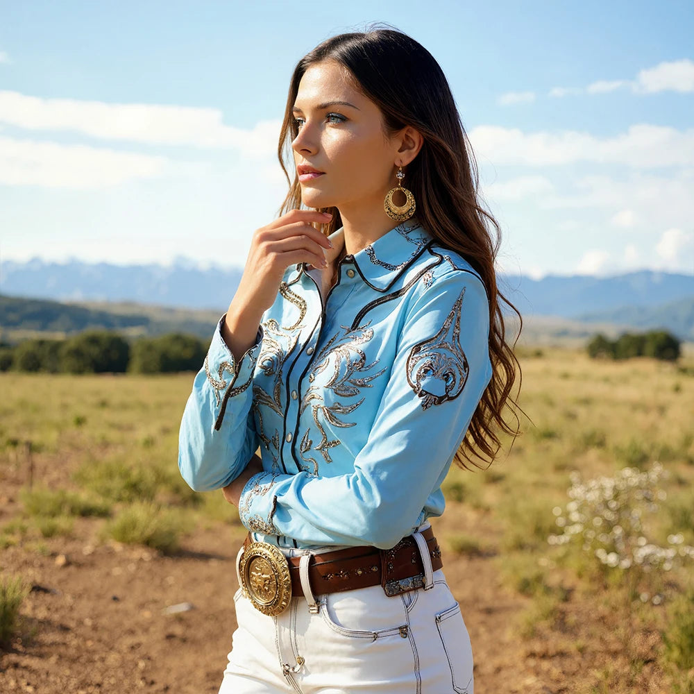 Turn Down Collar Floral Printed Western Cowboy Blouse