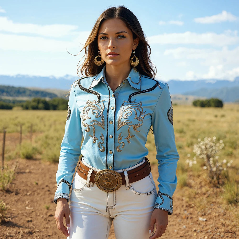 Turn Down Collar Floral Printed Western Cowboy Blouse
