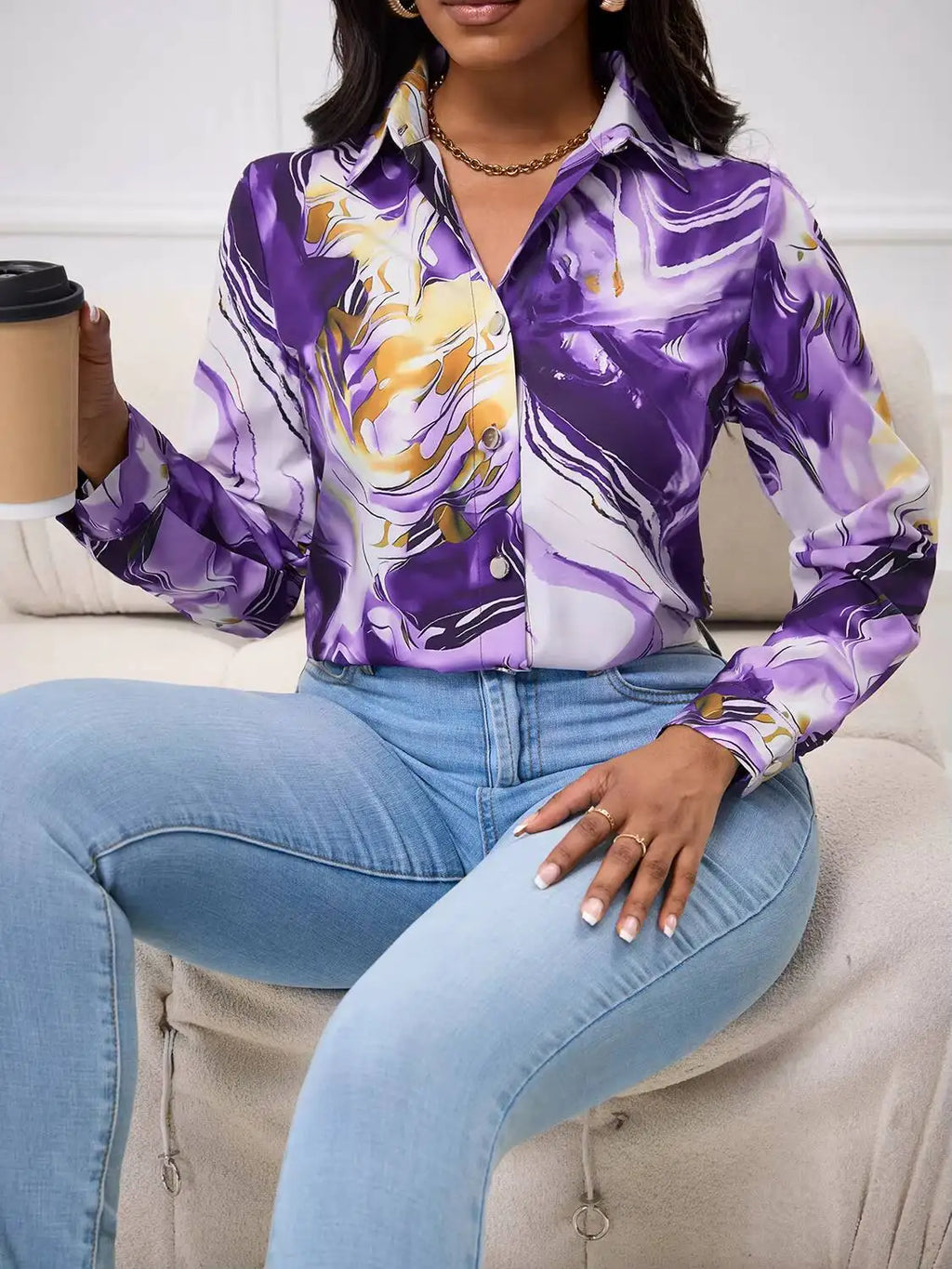 Satin Purple Gold Marble Print Collared Blouse