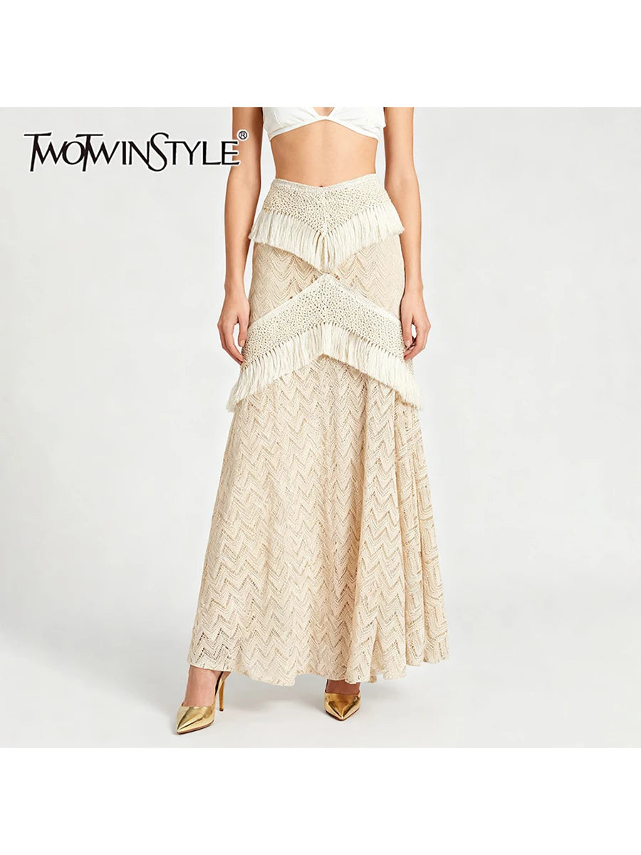 TWOTWINSTYLE Solid Slimming Sheer Spliced Tassel Knit Skirt