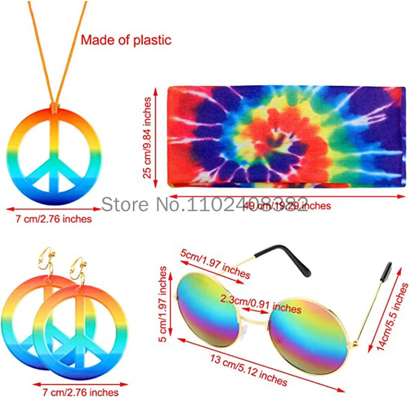 Women 70s 80s Hippie Cosplay Accessories Halloween Party Props Daisy Headband Sunglasses Peace Necklace Hippie Custome wearing
