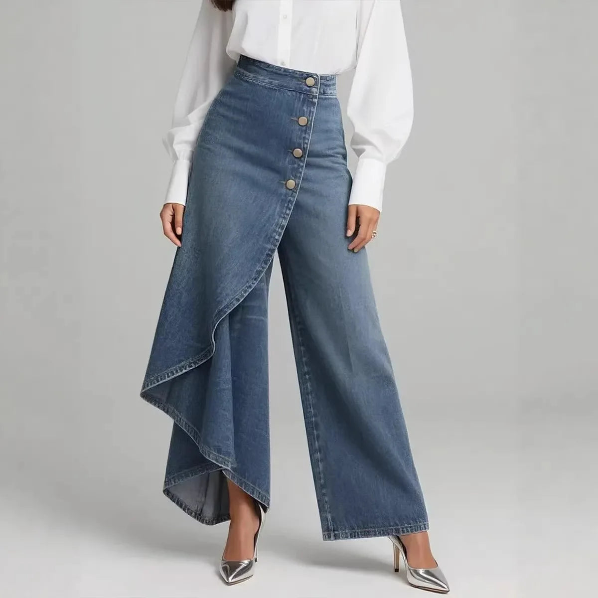 Stretchy Denim Print Button Fly Slim Leg Pants