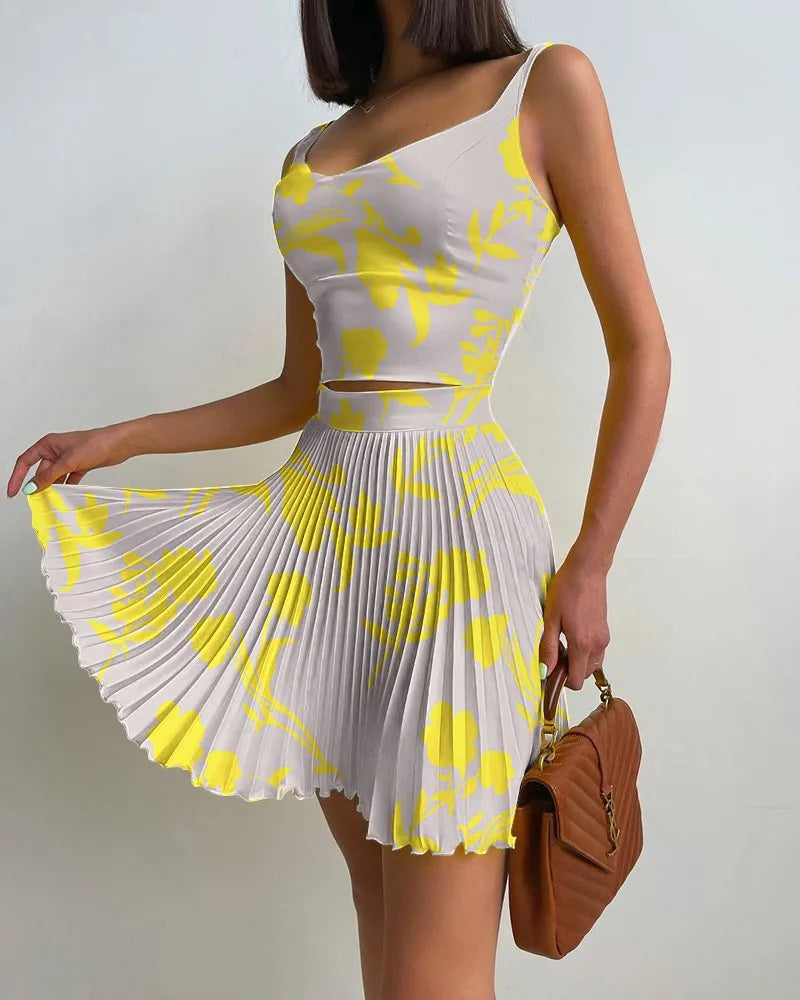Set Woman 2 Pieces Summer New Printed Slim High Waist Dress Set Camisole and Pleated SkirtSet of Holiday Party Club Women Dress