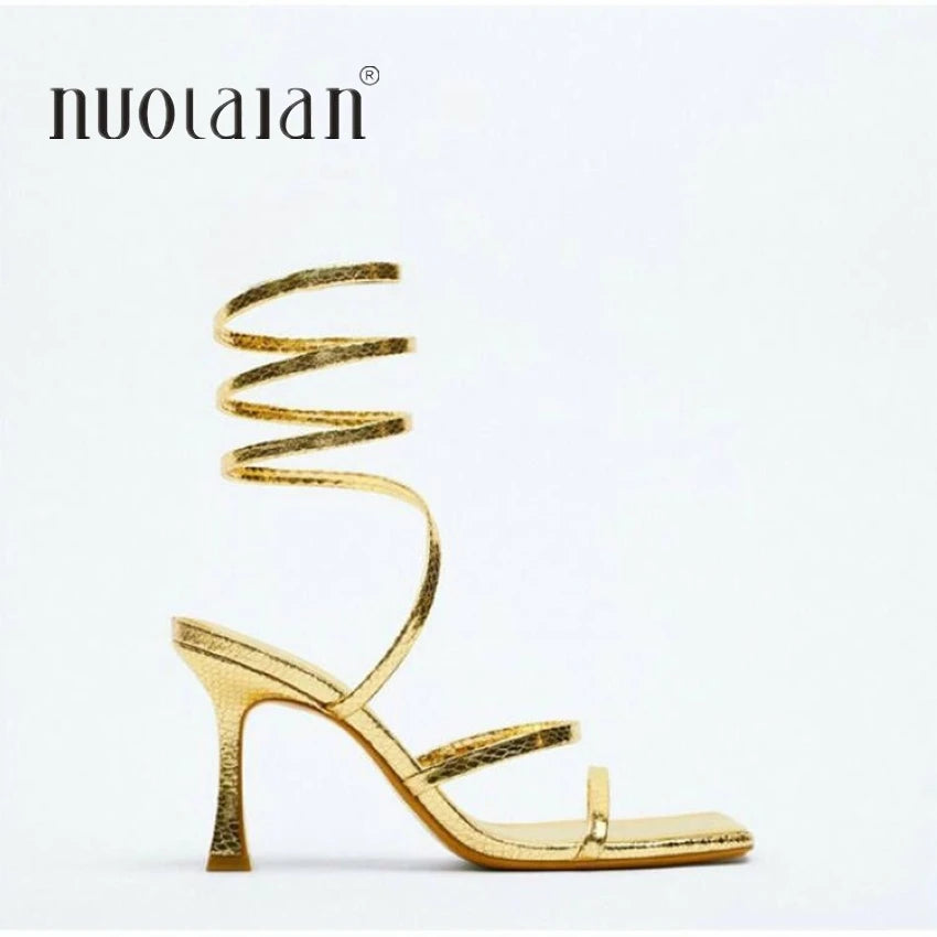 Cross Ankle Narrow Band Square Toe Heels