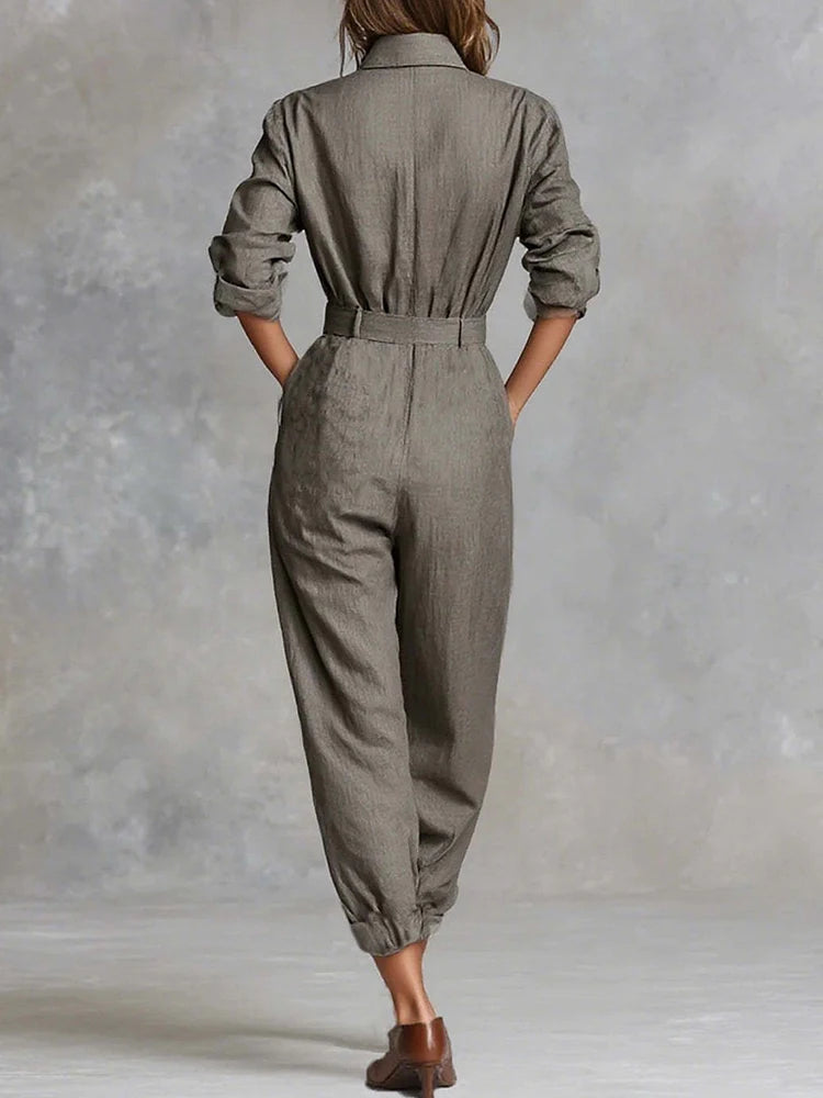 Retro Turn Down Collar Pocket Cargo Jumpsuits