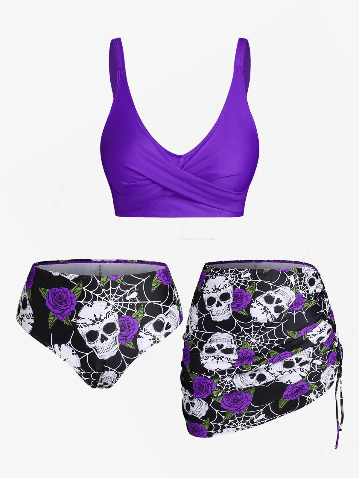 ROSEGAL  Skull Rose Print Crossover Three Piece Swimsuit