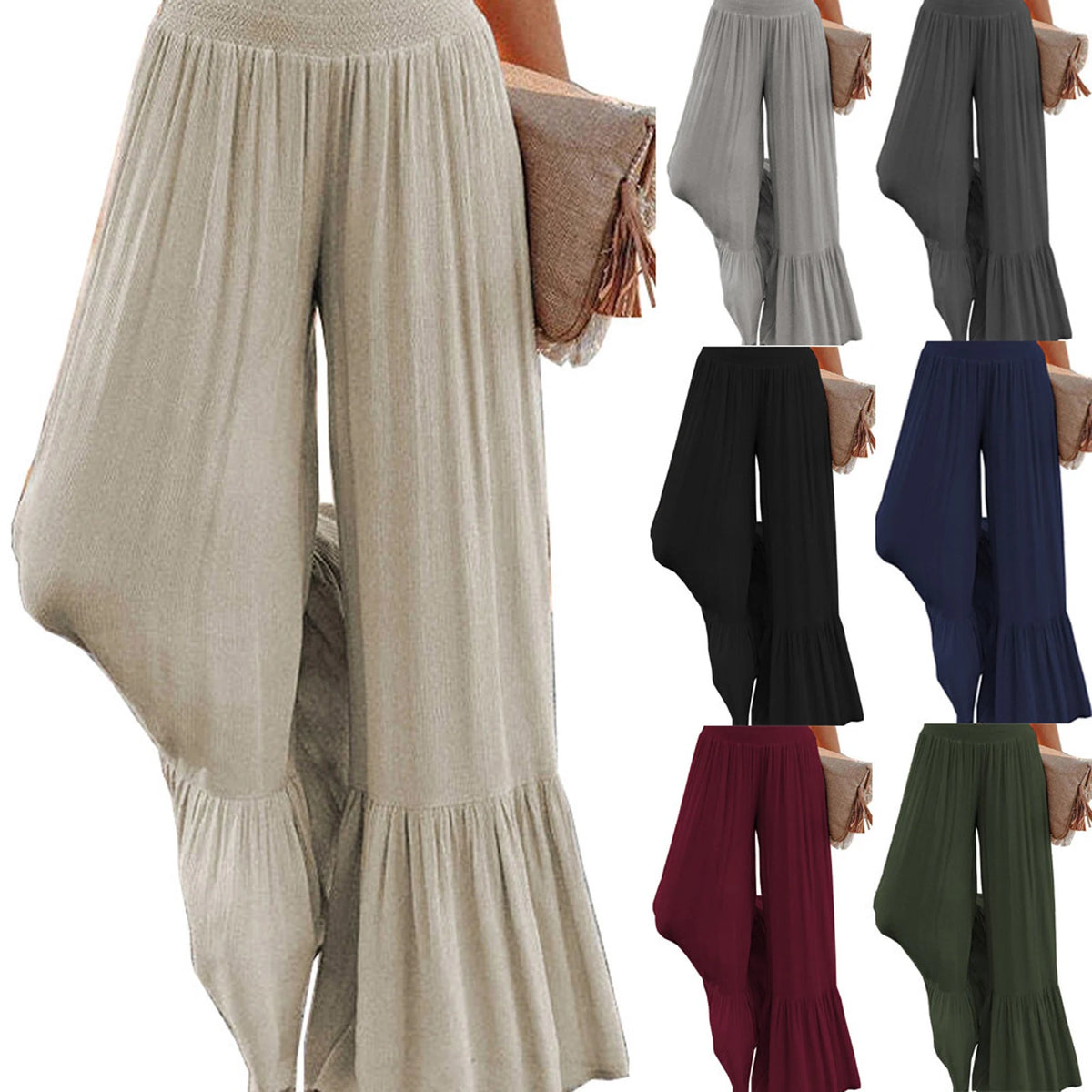 Plus Size Solid Color High Waist Cinched Wide-Leg Casual Pants Daily Wear Loose Fit Stylish Versatile Soft Fabric Long Trousers