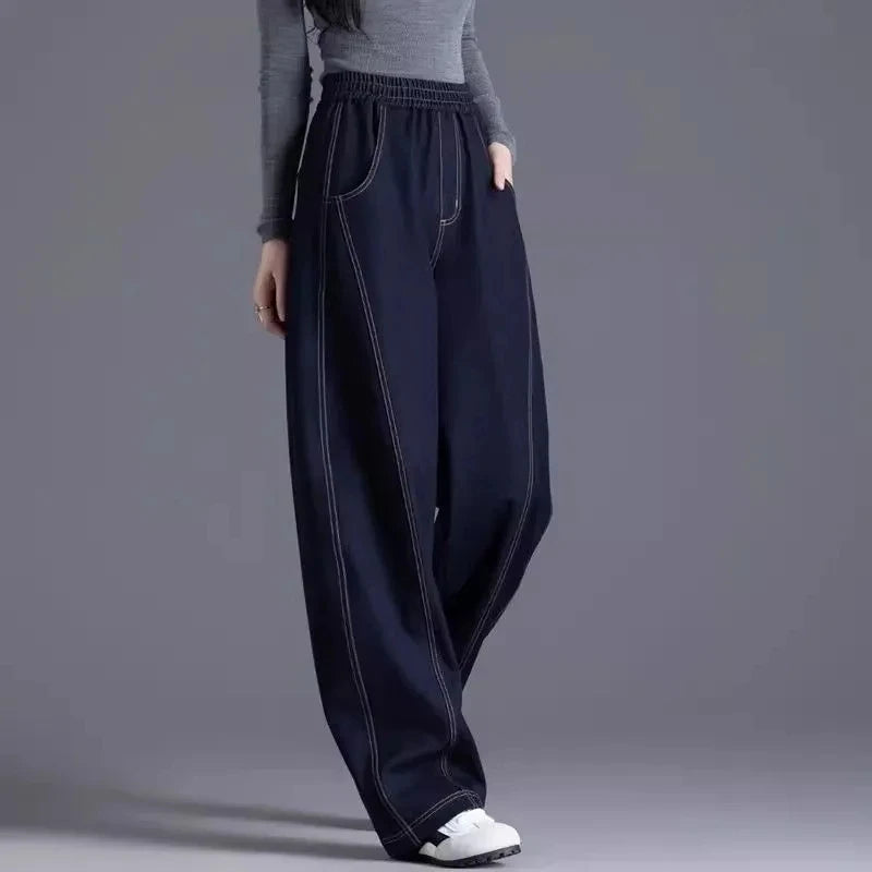 High Waisted Loose Elastic Denim Wide Leg Pants